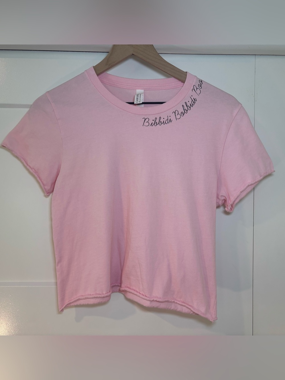 Bella Canvas Cinderella Pink Cropped Tee with Script Neck Detail